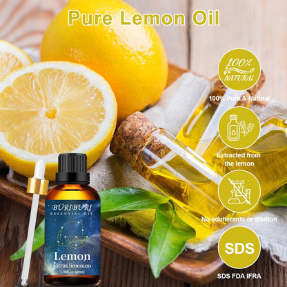 Lemon Essential Oil 100ML, 100% Pure, 3.38 Fl Oz Aromatherapy Oil 100ML for Diffuser, Massage