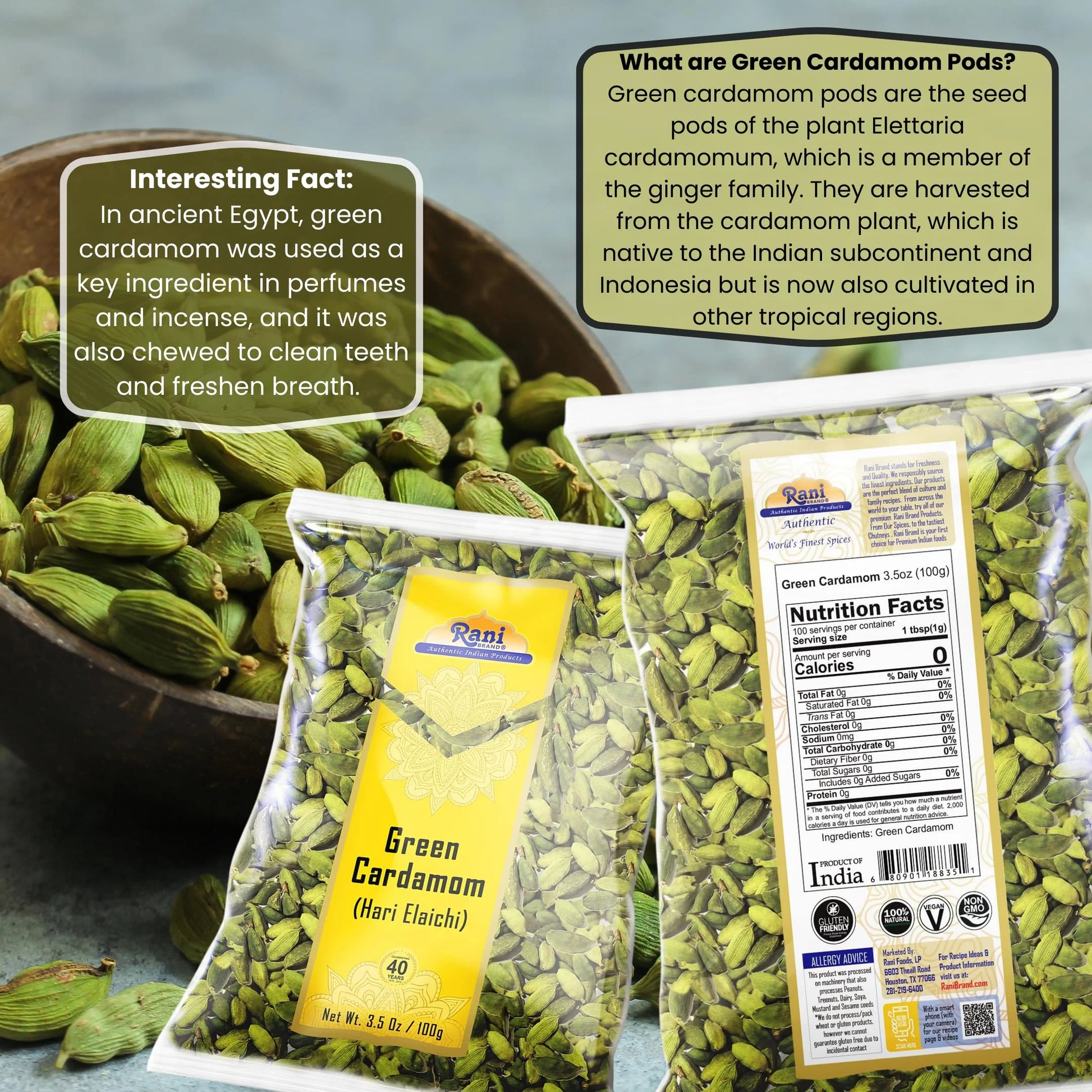 Rani Green Cardamom Pods Spice (Hari Elachi) 3.5Oz (100G) ~ All Natural | Vegan | Gluten Friendly | NON-GMO | Kosher | Product of India