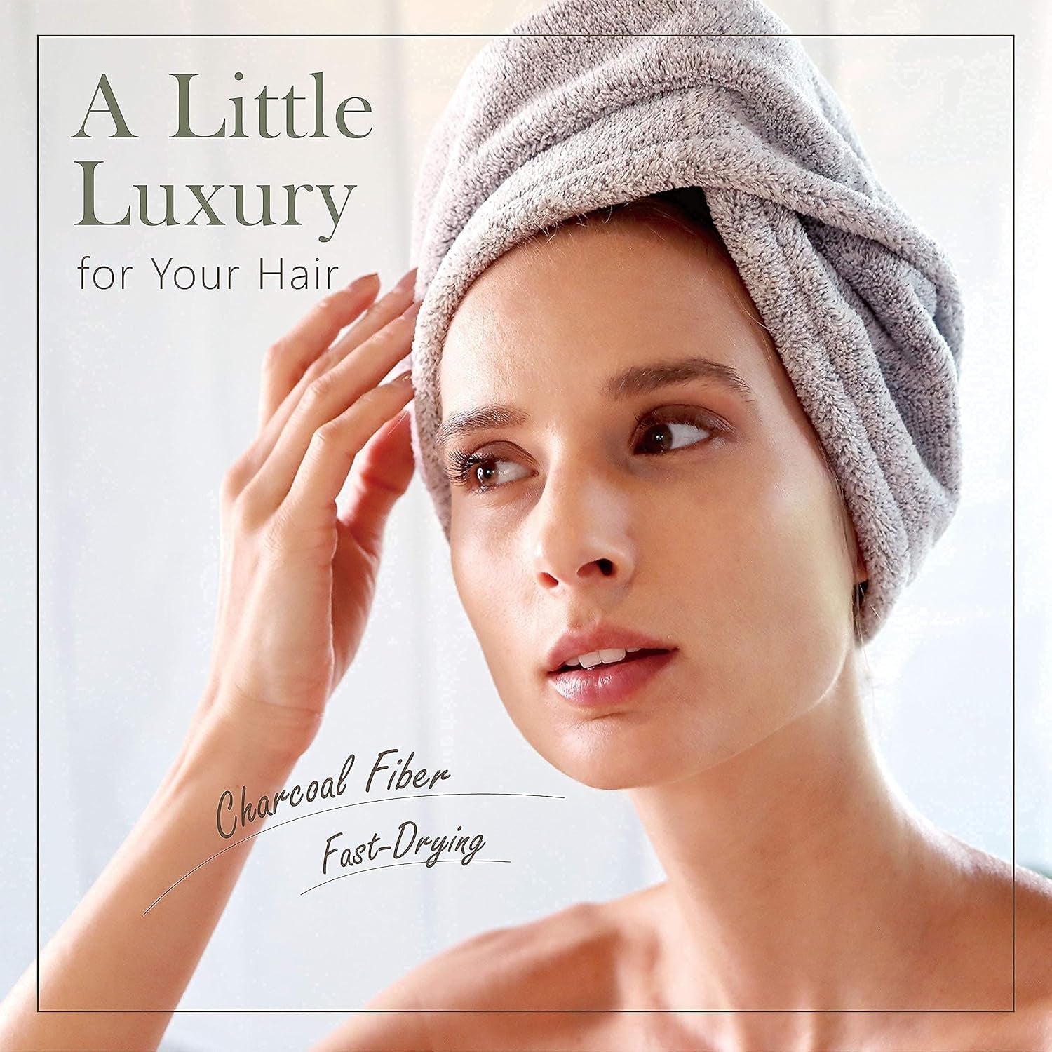 Hair Towel Wrap, Luxury Quick Drying Turban, Ultra Soft Absorbent Charcoal Fiber Cap, with Coconut Shell Button – Gray