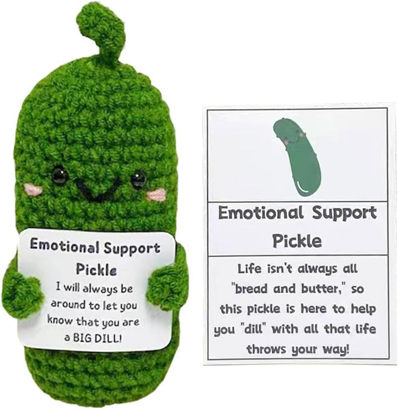 Funny Emotional Support Pickle with Positive Card, Cute Crochet Positive Cucumber Doll, Handmade Gift Knitting Positive Life Cucumber Toy for Christmas Birthday