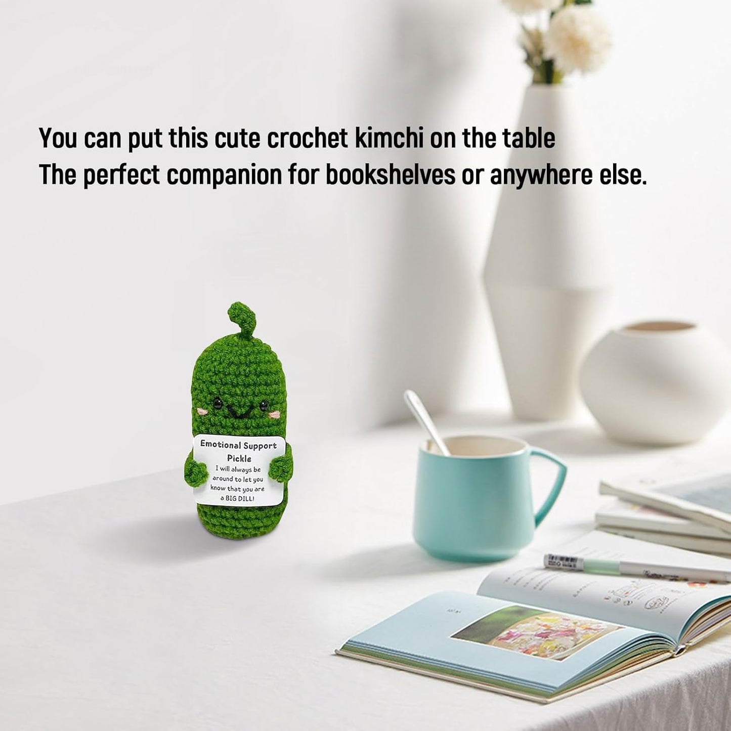Funny Emotional Support Pickle with Positive Card, Cute Crochet Positive Cucumber Doll, Handmade Gift Knitting Positive Life Cucumber Toy for Christmas Birthday